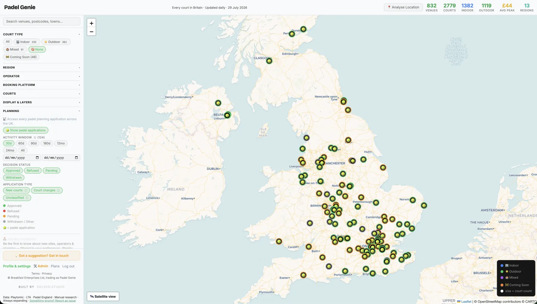 The Padel Genie map showing every padel planning application submitted in the UK in the last 30 days, plotted across Britain and colour-coded by decision status.