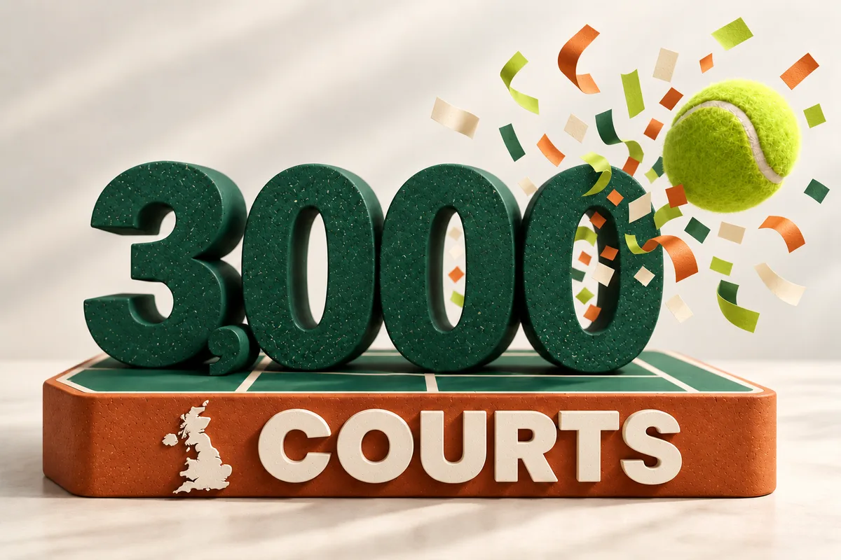 Illustration: a giant green 3,000 in court-surface texture on a terracotta court-shaped plinth printed with COURTS and an outline of the UK, with a ball bursting through a spray of green, orange and cream confetti.