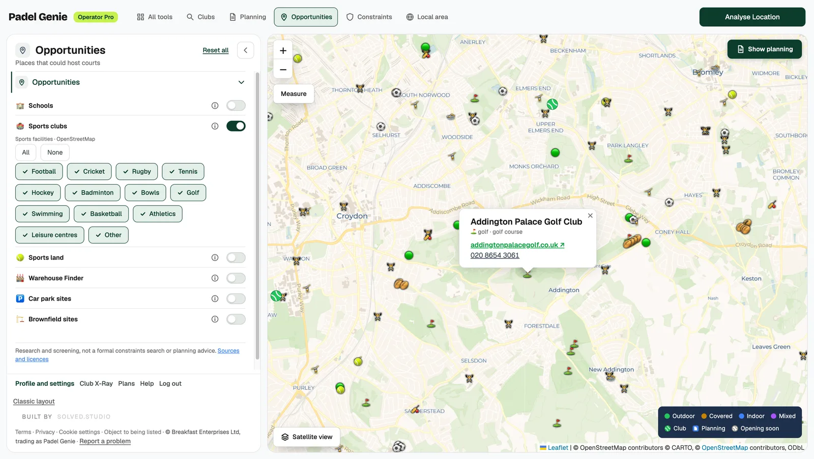 Padel Genie's Opportunities view around Croydon with the Sports clubs layer switched on: football, cricket, rugby, tennis, hockey, badminton, bowls, golf, swimming, basketball, athletics and leisure centres from OpenStreetMap plotted across the area, with a card open for Addington Palace Golf Club showing its website and phone number.