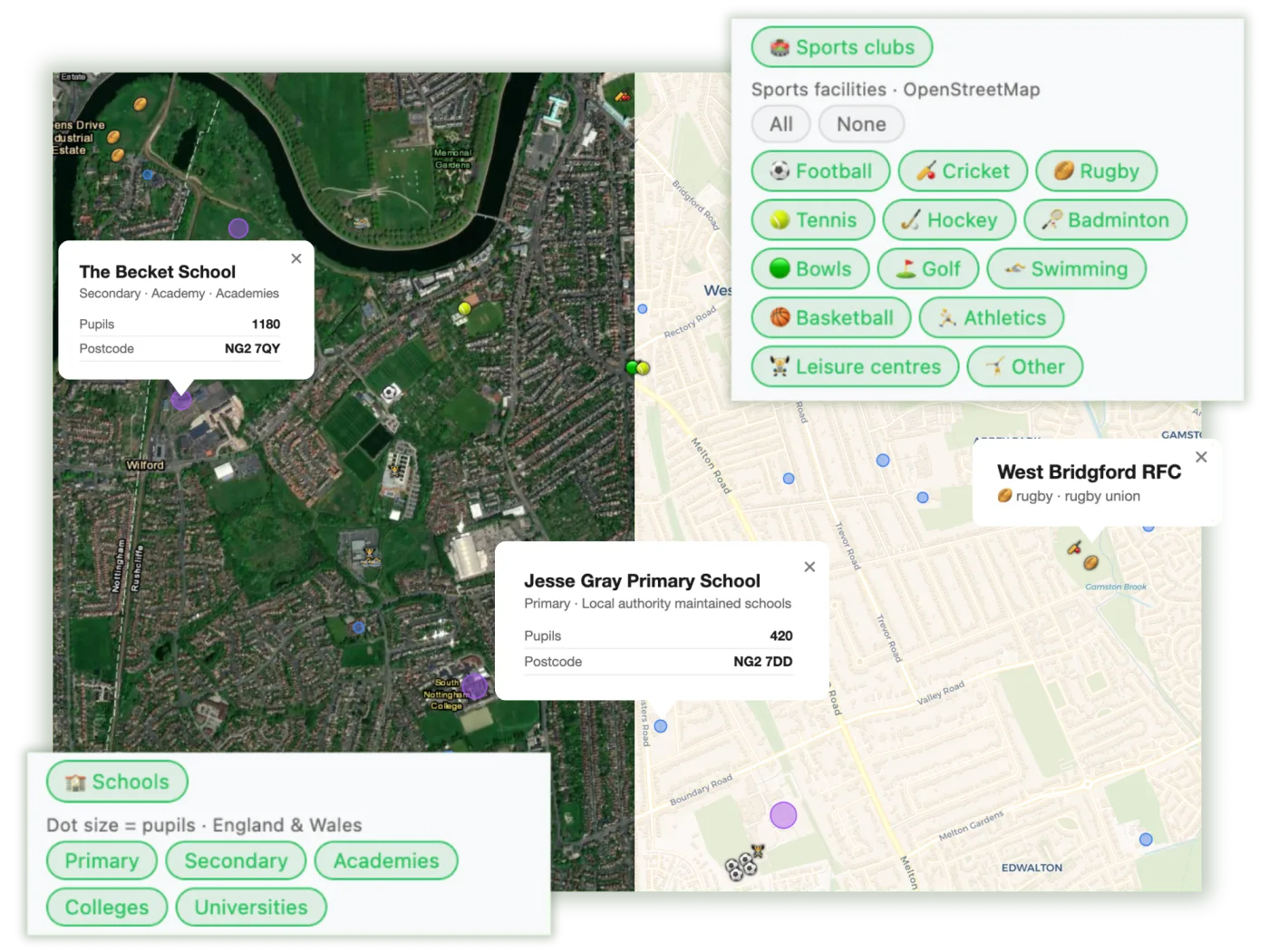 Intelligent layers — sports clubs and schools layers on the map, with satellite view