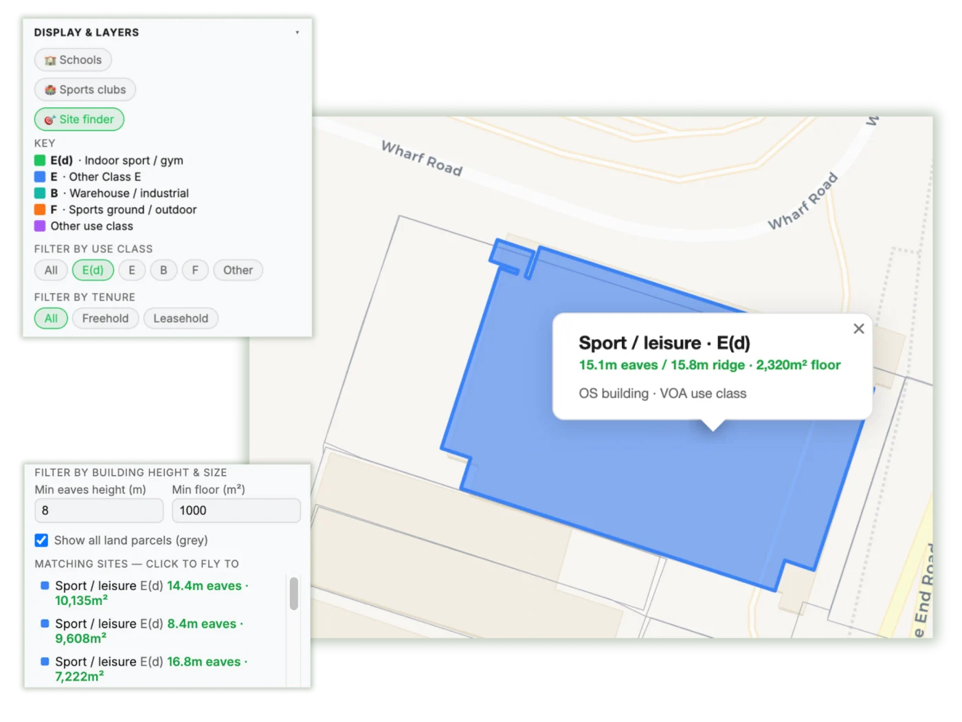 Site finder — buildings filtered by eaves height, floor area and use class, with a warehouse selected showing 15.1m eaves and 2,320 square metres of floor
