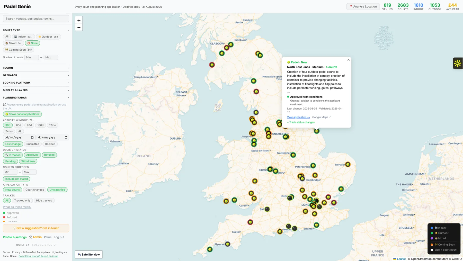 A map of Great Britain and Northern Ireland showing every padel planning application from the last 30 days, colour coded by decision status, with an open application card showing a four-court approval in North East Lincolnshire.