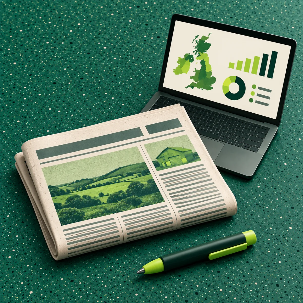 A folded newspaper and a pen beside a laptop showing a map of the UK and charts